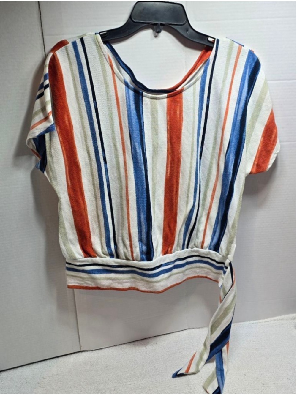 Women's A. BYER Short Sleeve Tee L White Orange Blue Striped